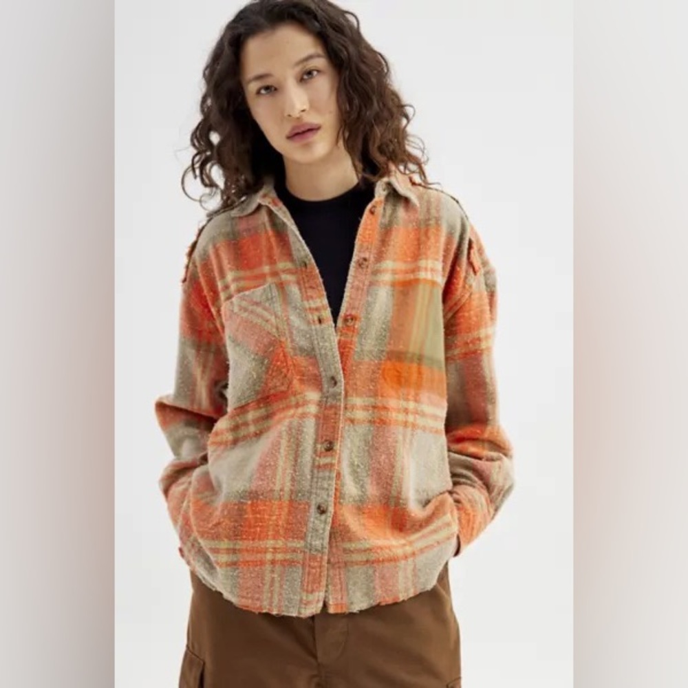 BDG Andy Flannel Distressed Button-Down Shirt orange multi